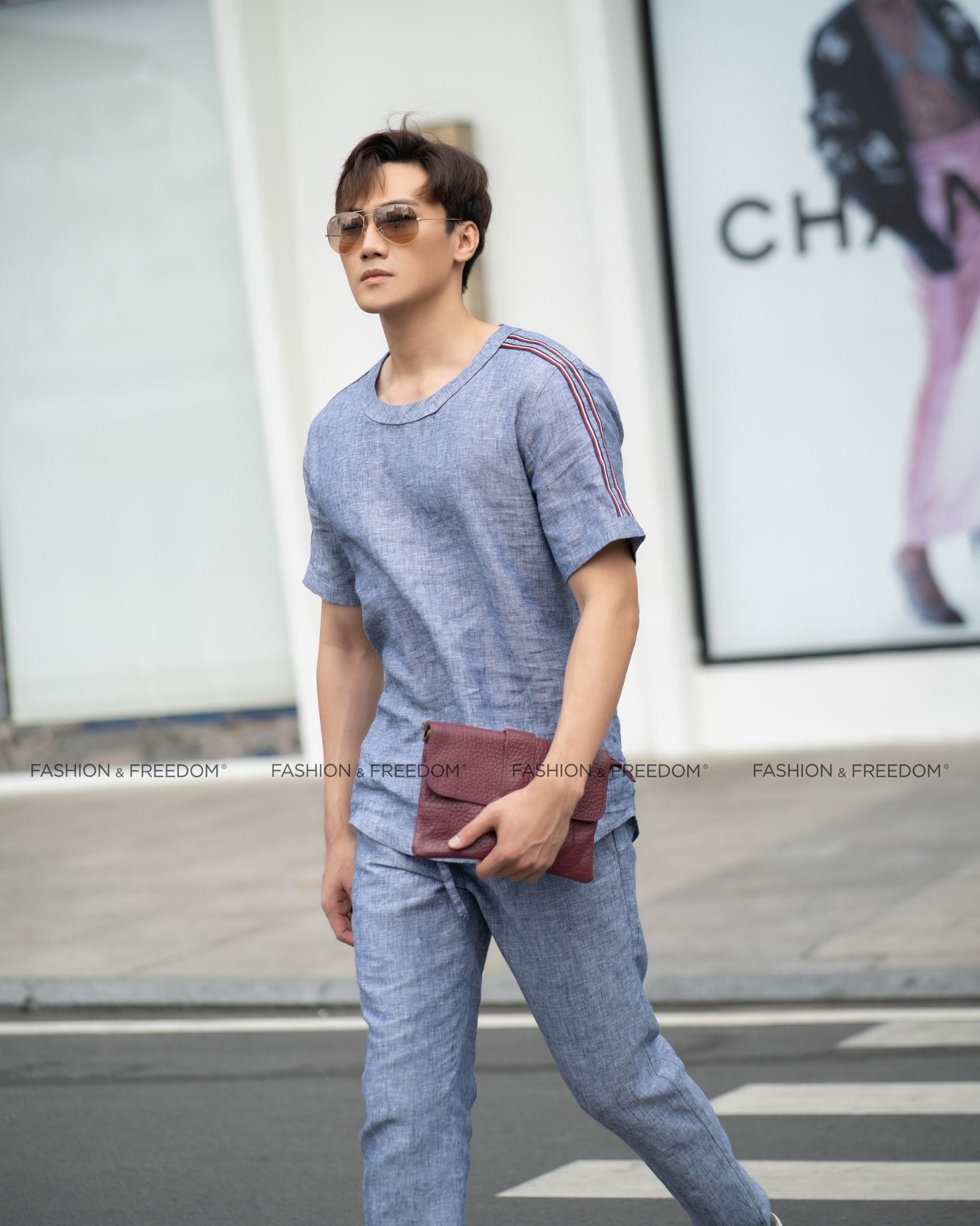 Áo Linen Xanh Xám Phối Sọc