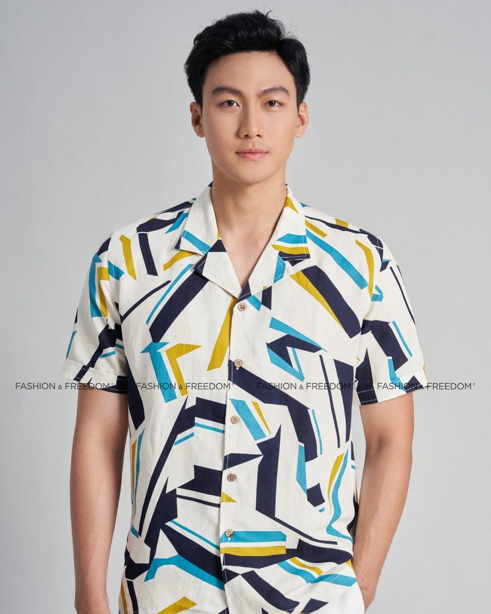 Áo Sơ Mi Nam Linen Kem Hoạ Tiết Holidays Vibes