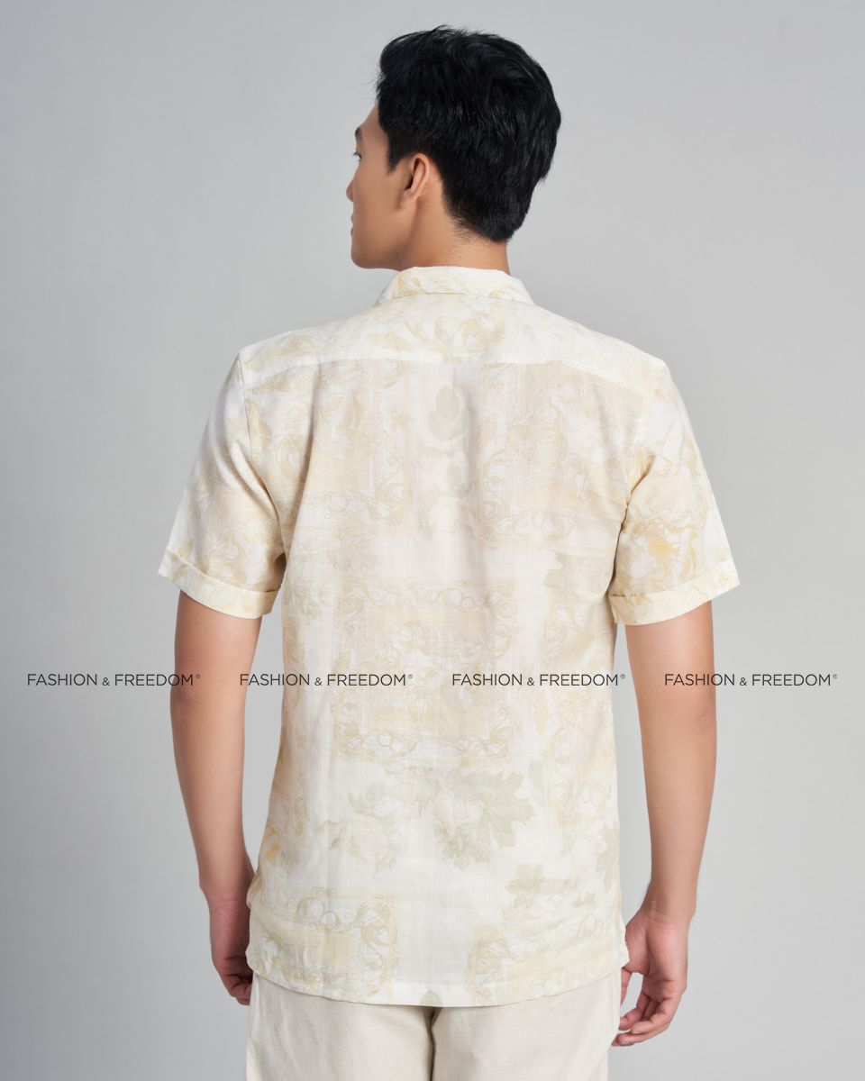 Áo Sơ Mi Nam Linen Kem Hoa Holidays Vibes