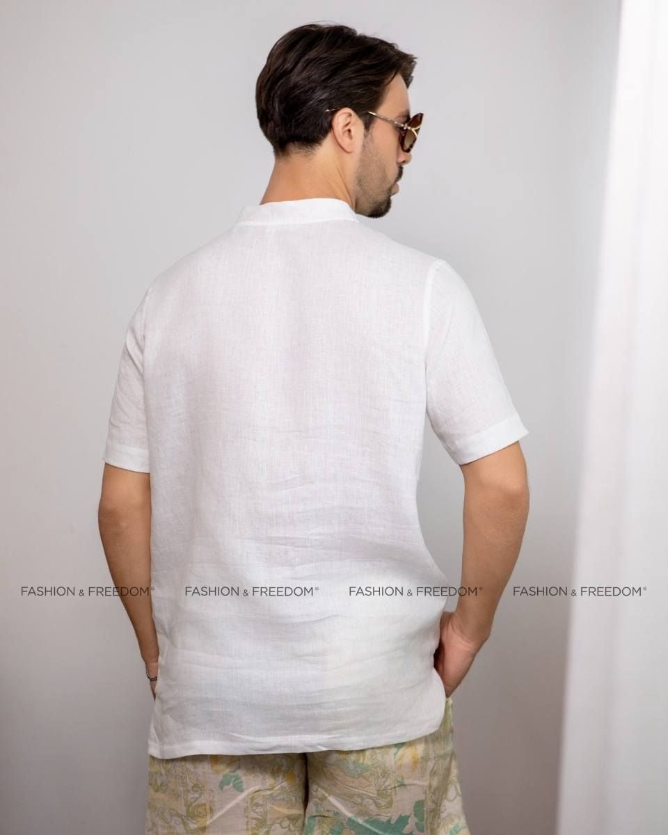 Áo Sơ Mi Nam Linen Trắng Tay Ngắn Tender Drit
