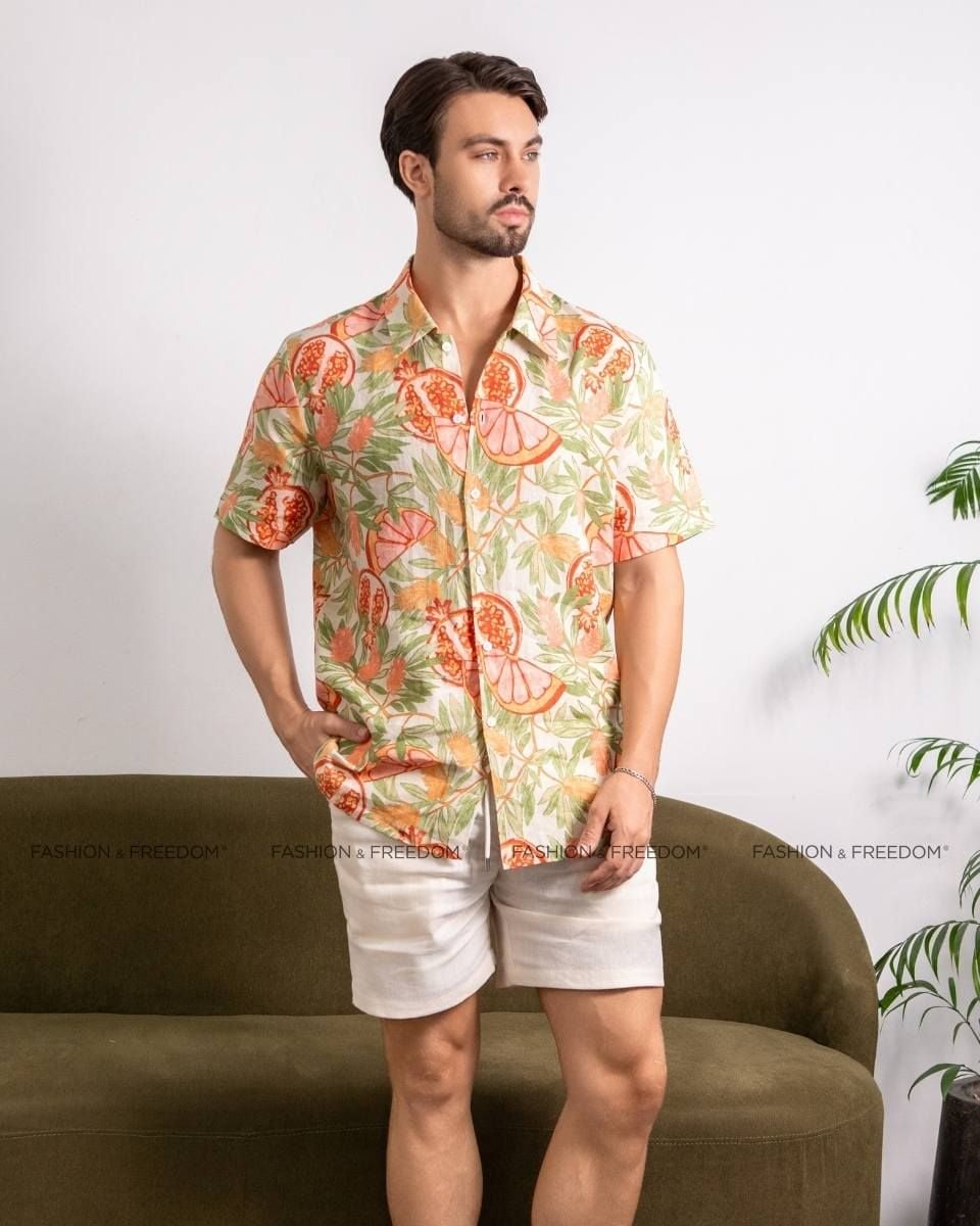 Áo Sơ Mi Nam Linen Kem Họa Tiết