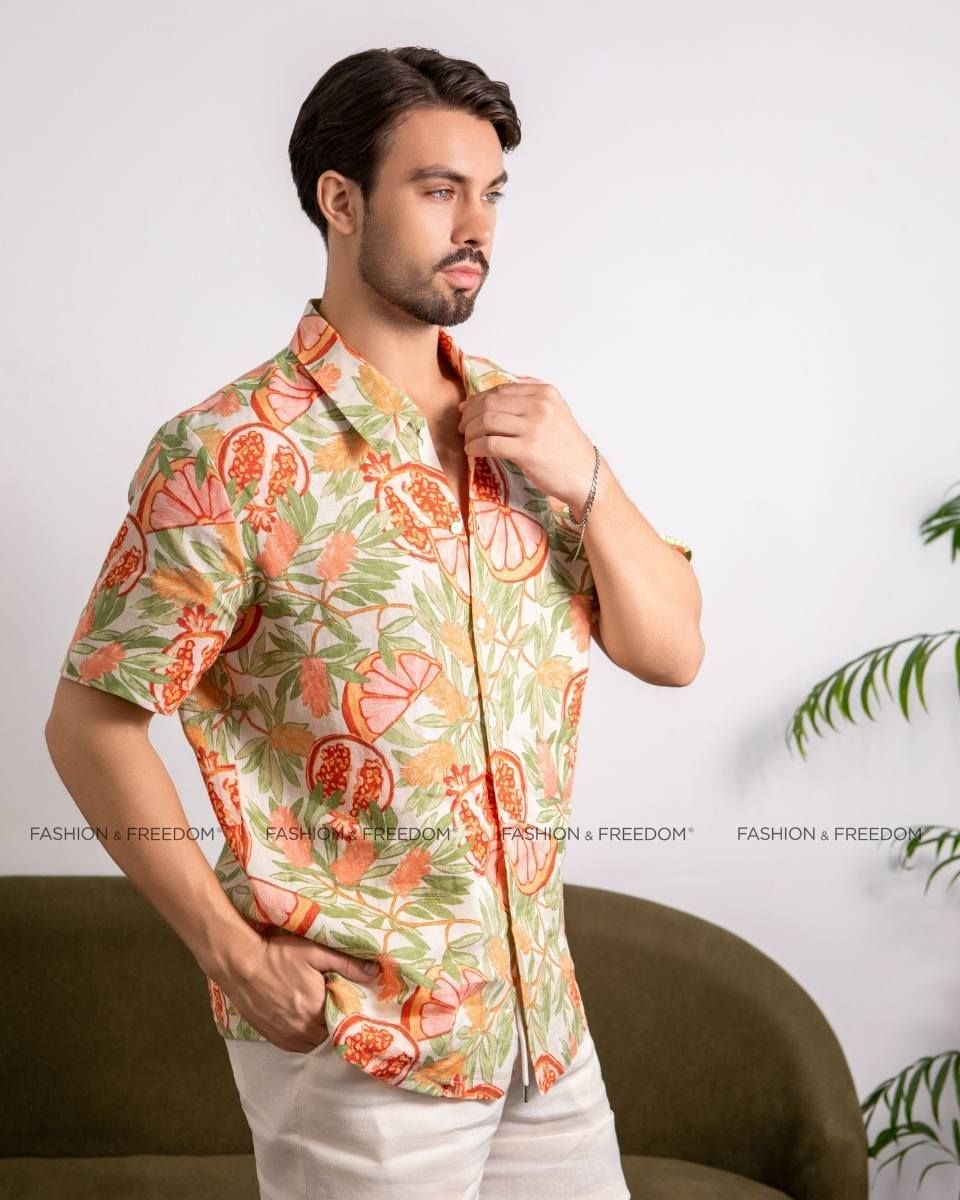 Áo Sơ Mi Nam Linen Kem Họa Tiết