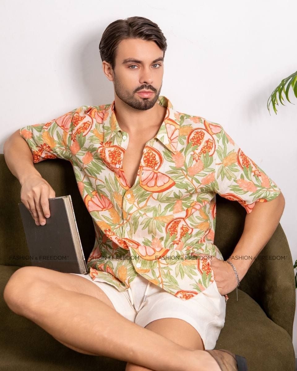 Áo Sơ Mi Nam Linen Kem Họa Tiết