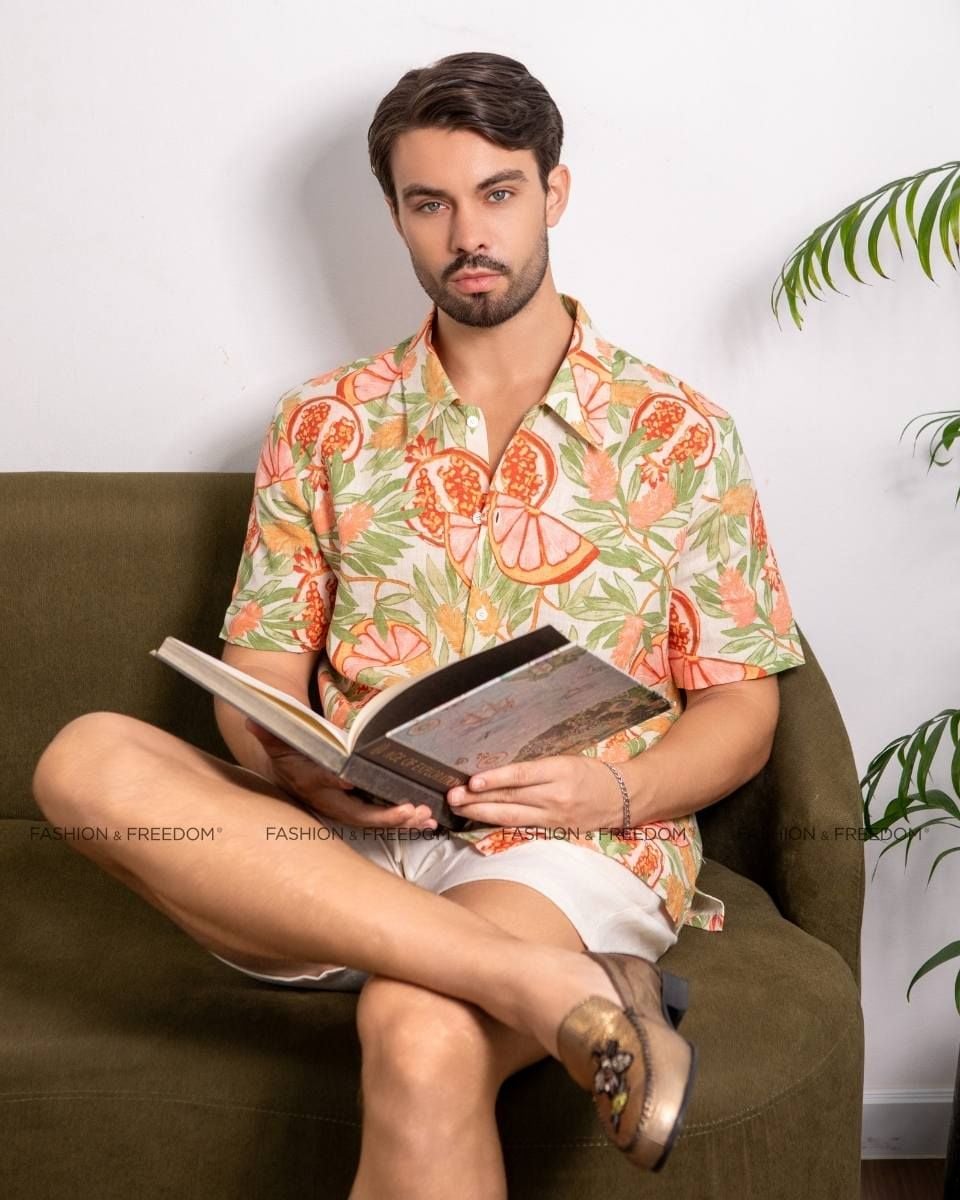 Áo Sơ Mi Nam Linen Kem Họa Tiết