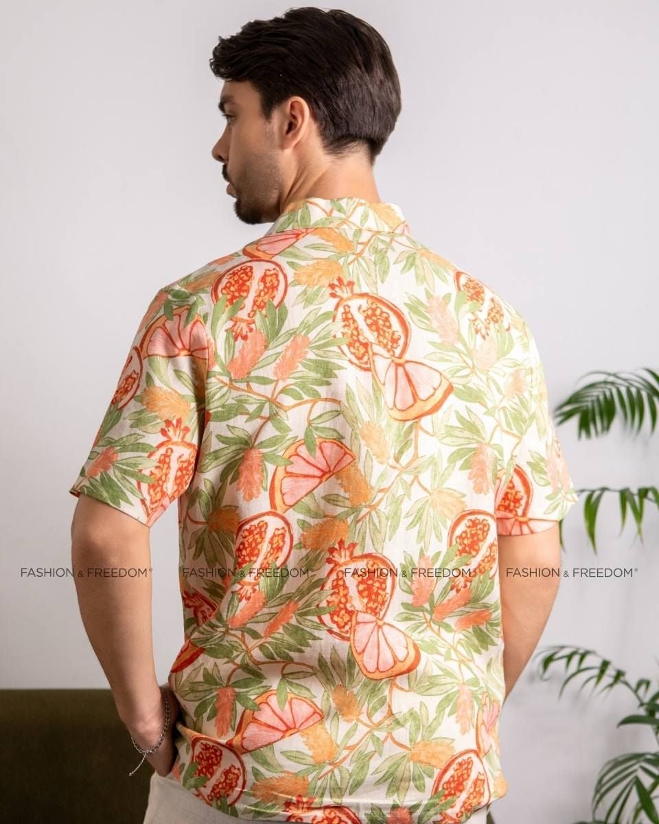Áo Sơ Mi Nam Linen Kem Họa Tiết
