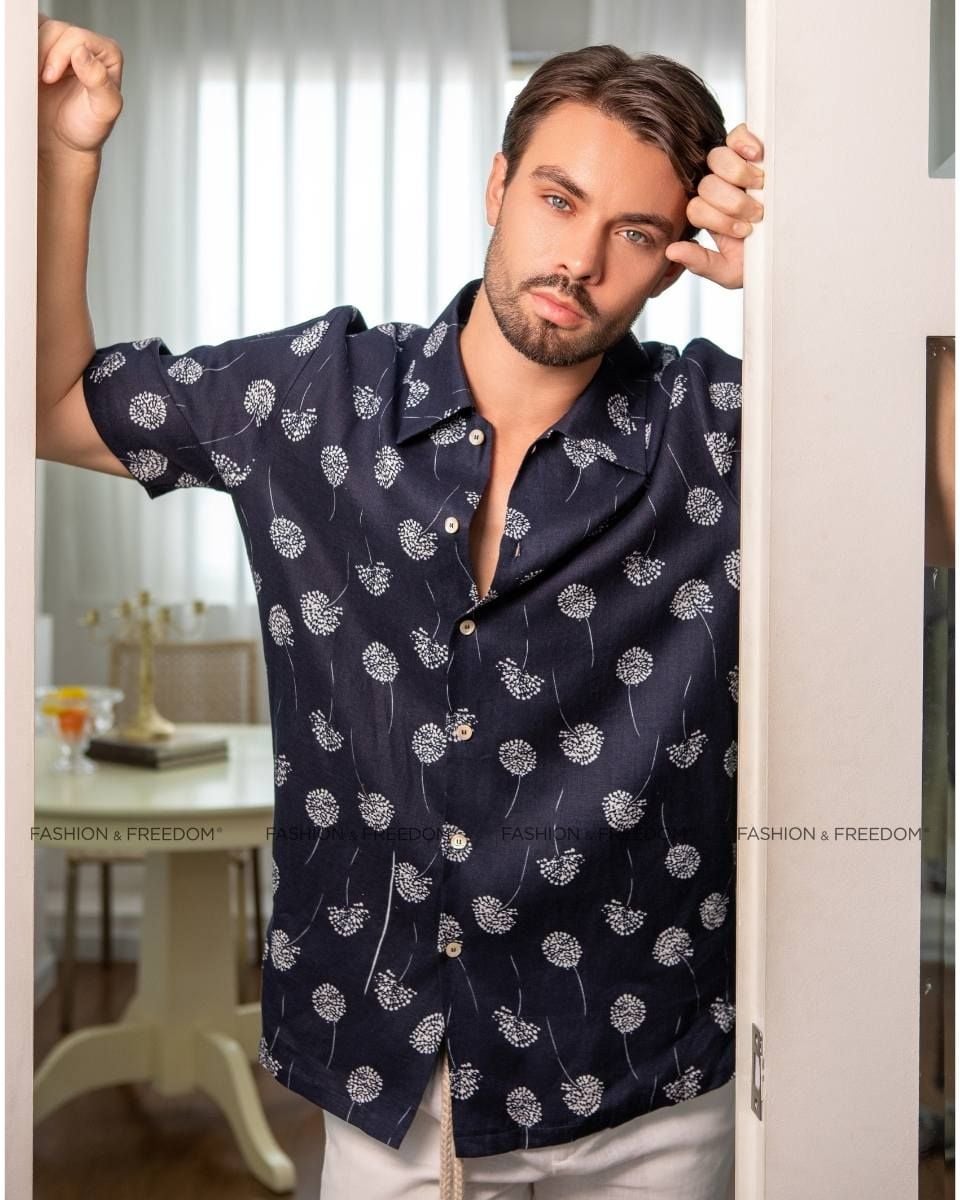 Áo Sơ Mi Nam Linen Xanh Đen Họa Tiết