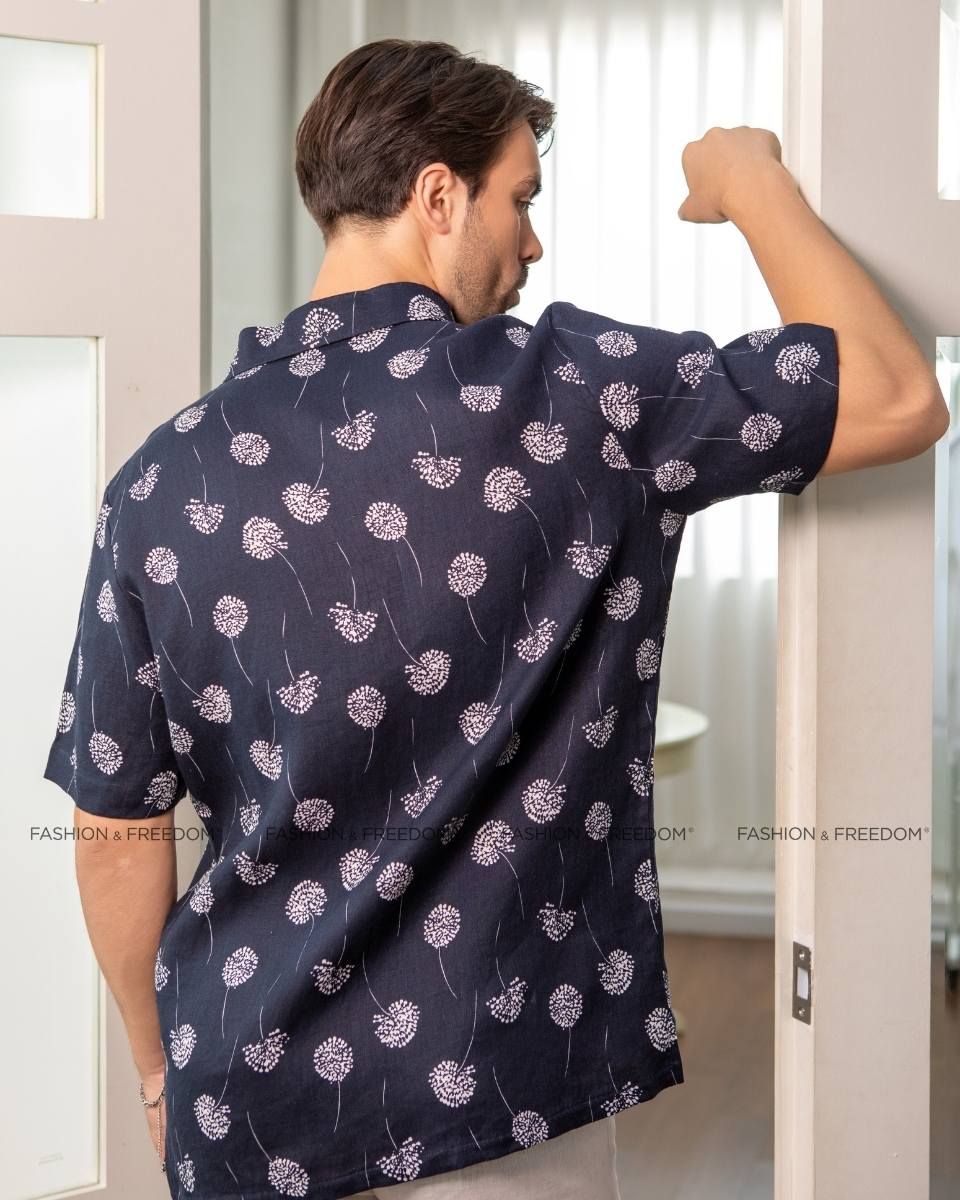 Áo Sơ Mi Nam Linen Xanh Đen Họa Tiết