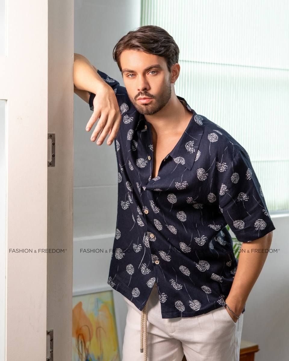 Áo Sơ Mi Nam Linen Xanh Đen Họa Tiết