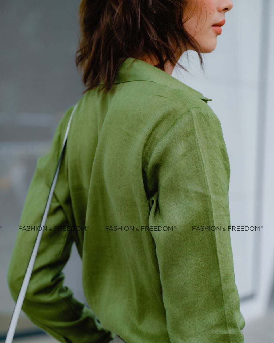 Sơ Mi Linen Nữ Xanh Rêu Lính Hương Mùa Hè