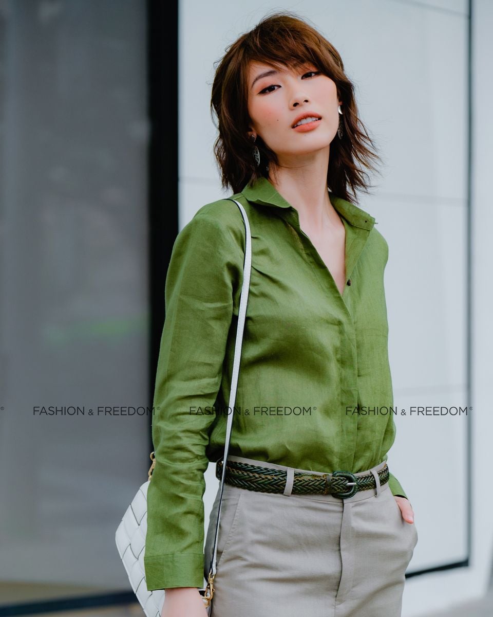 Sơ Mi Linen Nữ Xanh Rêu Lính Hương Mùa Hè