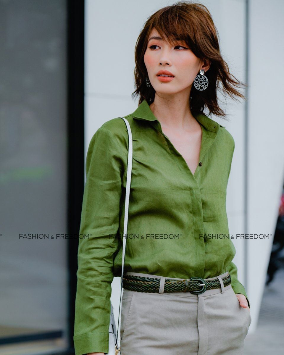 Sơ Mi Linen Nữ Xanh Rêu Lính Hương Mùa Hè