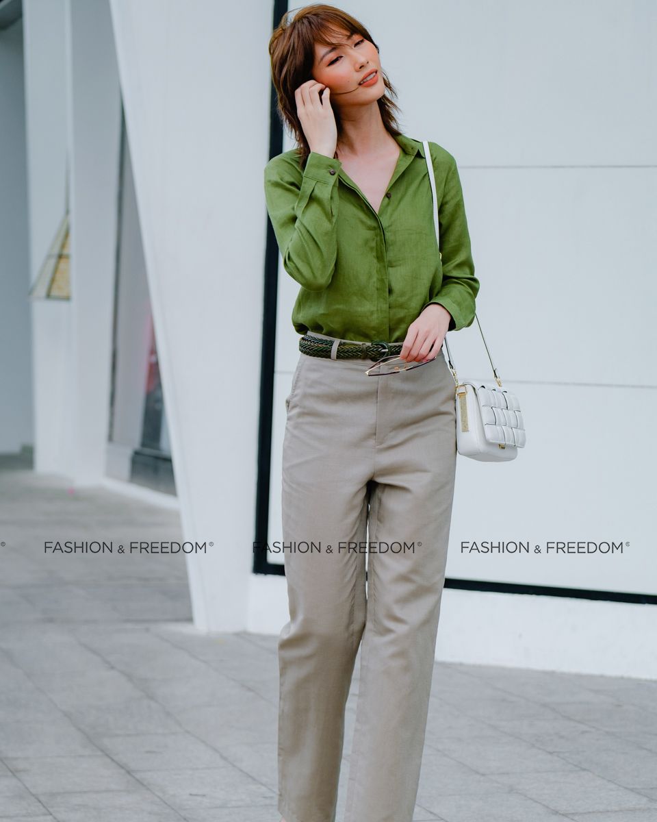 Sơ Mi Linen Nữ Xanh Rêu Lính Hương Mùa Hè