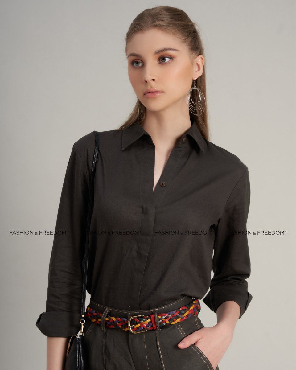 Áo Sơ Mi Linen Nữ Rêu Đậm