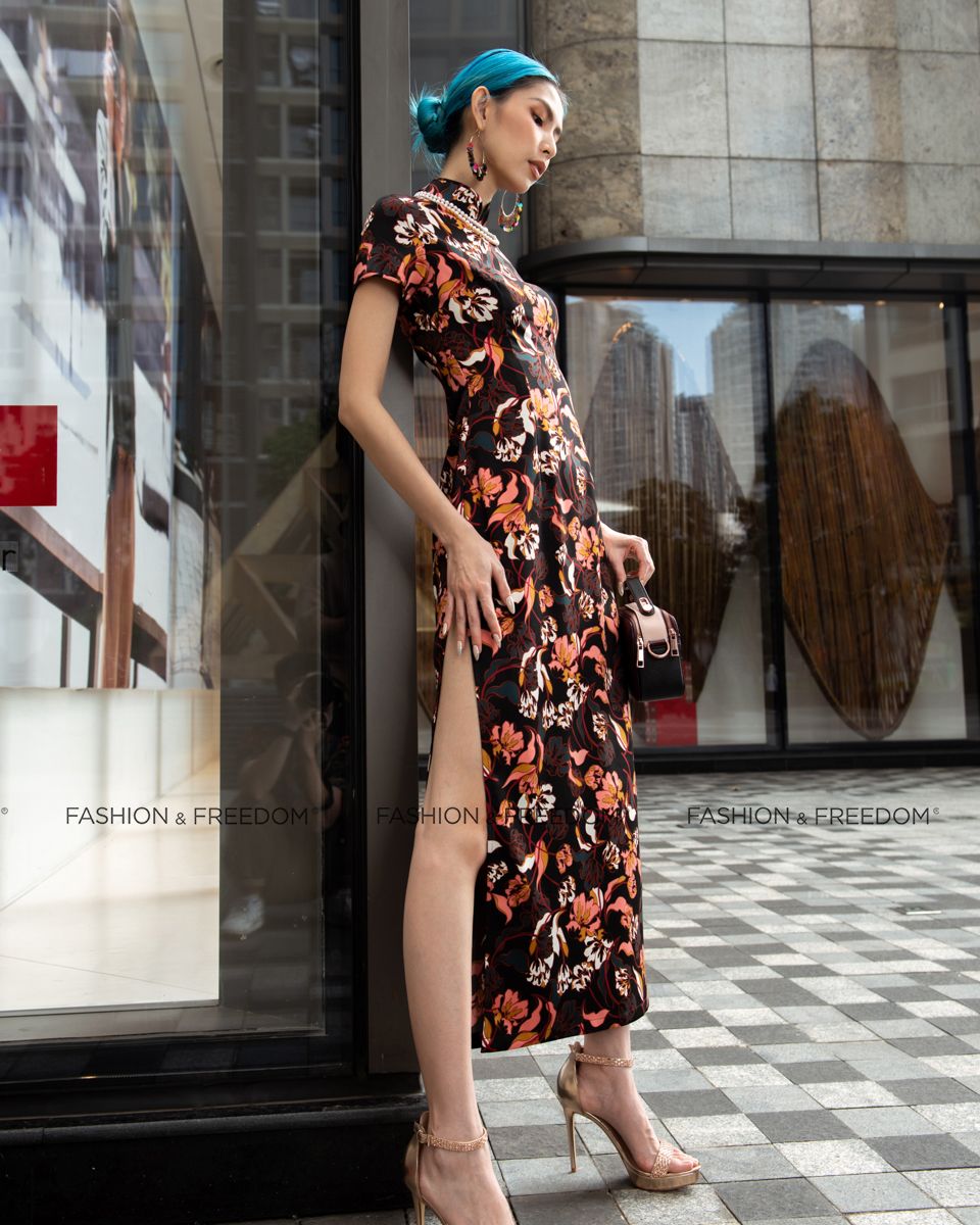 Đầm Sườn Xám Lụa Đen Hoa City Girls