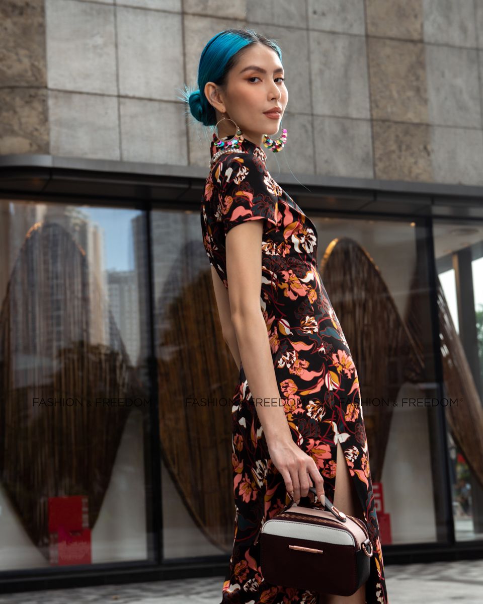 Đầm Sườn Xám Lụa Đen Hoa City Girls