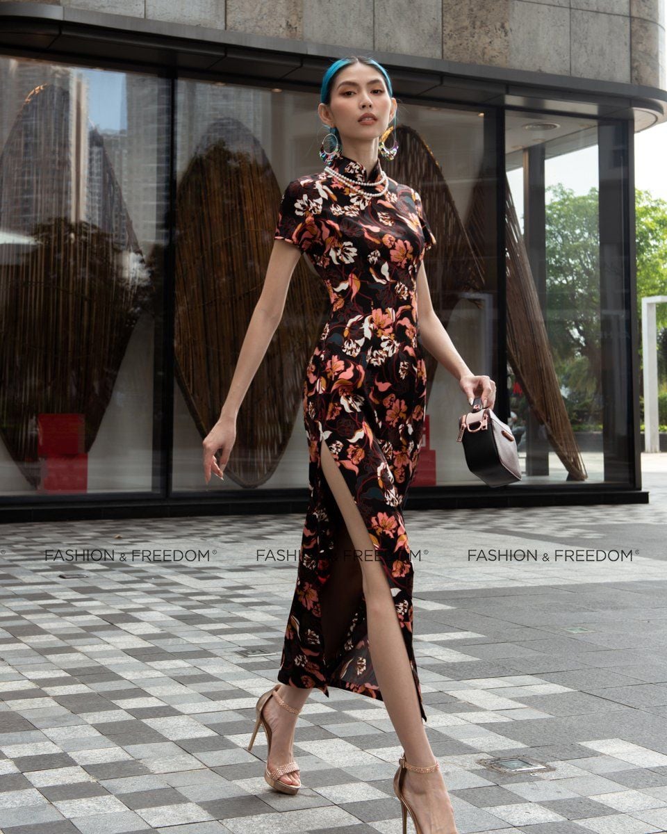 Đầm Sườn Xám Lụa Đen Hoa City Girls