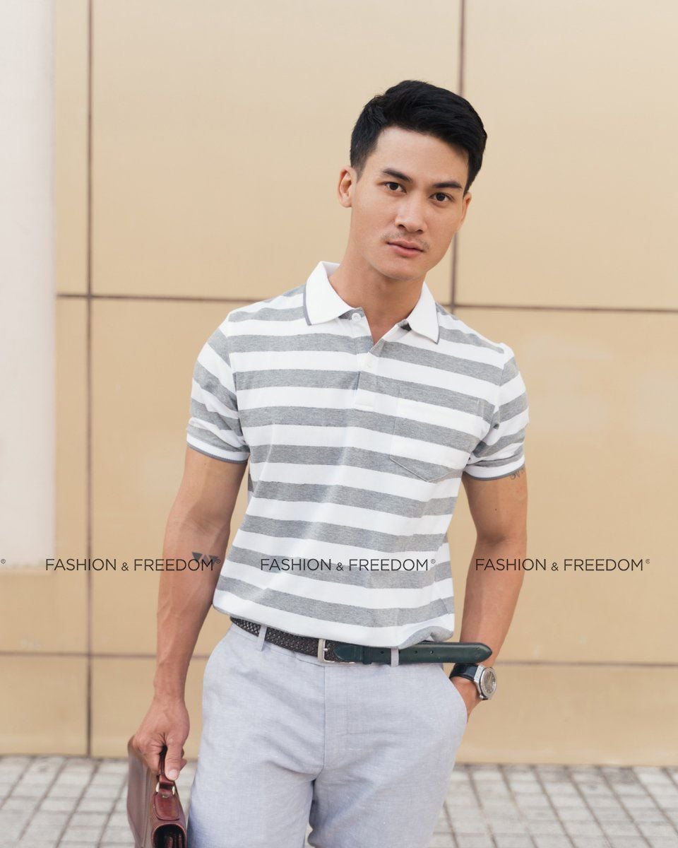 Áo Thun Nam Có Cổ In Trắng Sọc