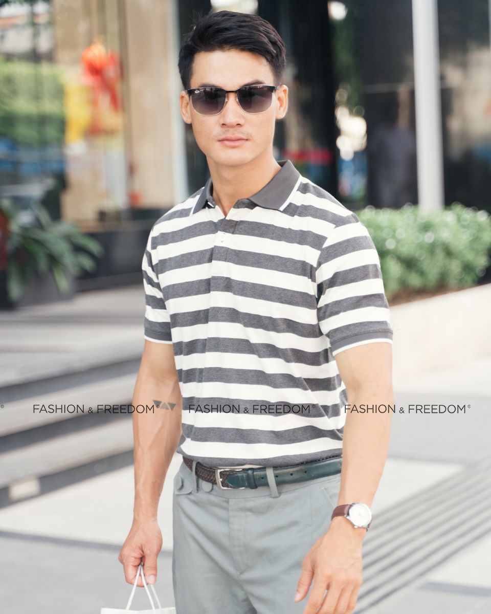 Áo Thun Nam Cotton Kem Sọc Đen Có Cổ