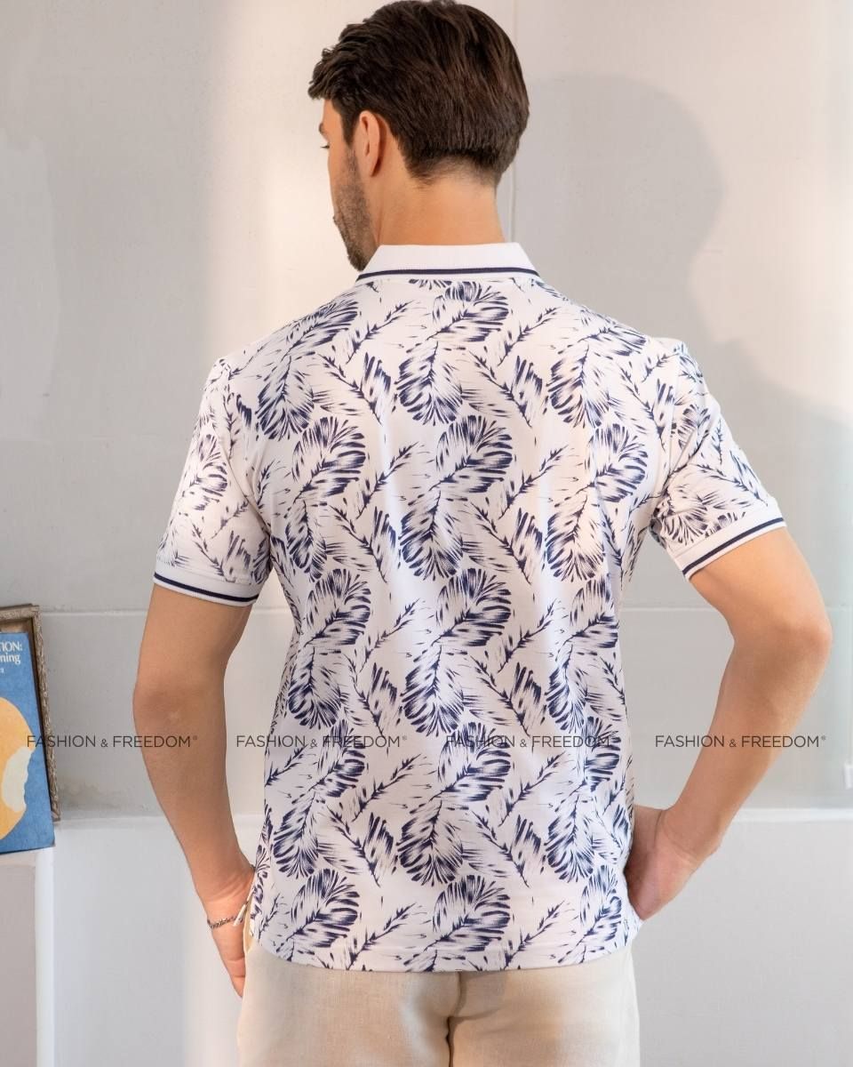 Áo Thun Nam Polo Trắng Họa Tiết Xanh Đen