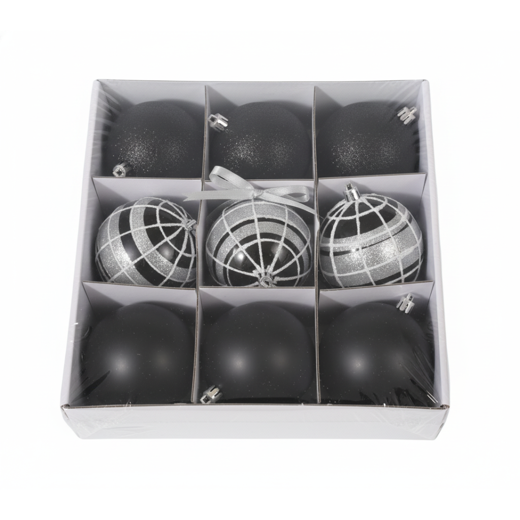 HỘP 9 QUẢ CHÂU NHỰA TRANG TRÍ GIÁNG SINH ĐEN TRẮNG