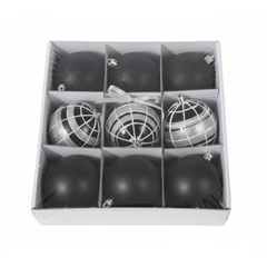 HỘP 9 QUẢ CHÂU NHỰA TRANG TRÍ GIÁNG SINH ĐEN TRẮNG