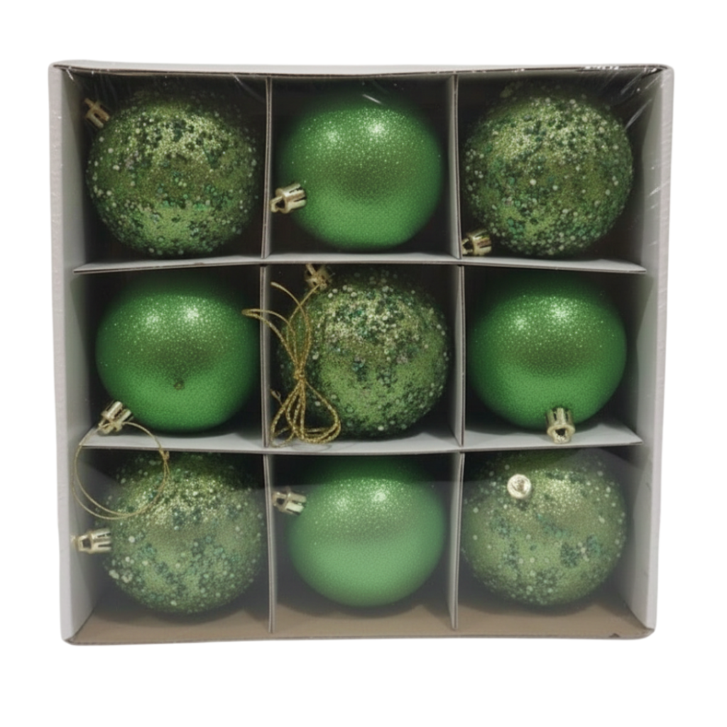 HỘP 9 QUẢ CHÂU NHỰA TRANG TRÍ GIÁNG SINH MÀU XANH