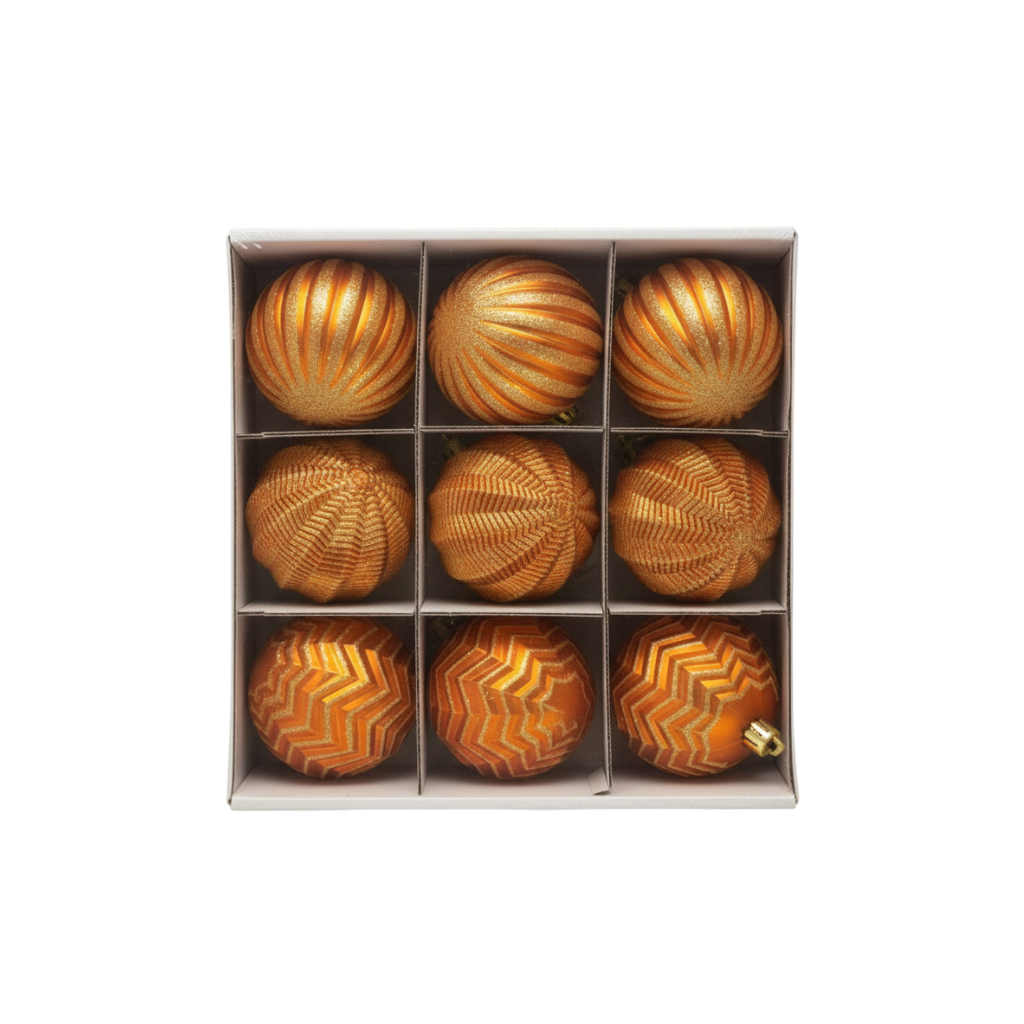 HỘP 9 QUẢ CHÂU NHỰA TRANG TRÍ GIÁNG SINH MÀU ĐỒNG