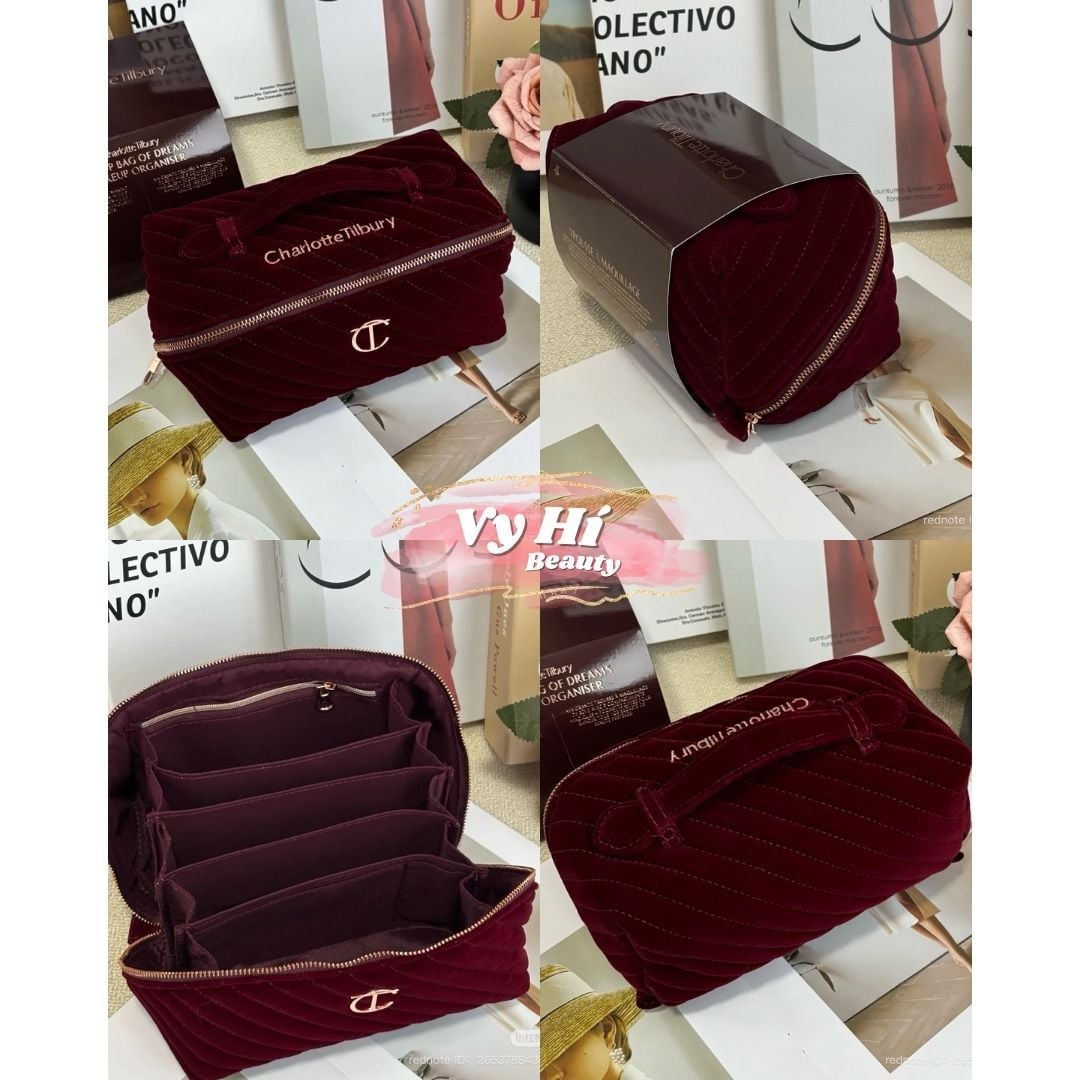 Túi đựng makeup Charlotte Tilbury Đỏ Burgundy sang chảnh 20 x 10 x 10 cm