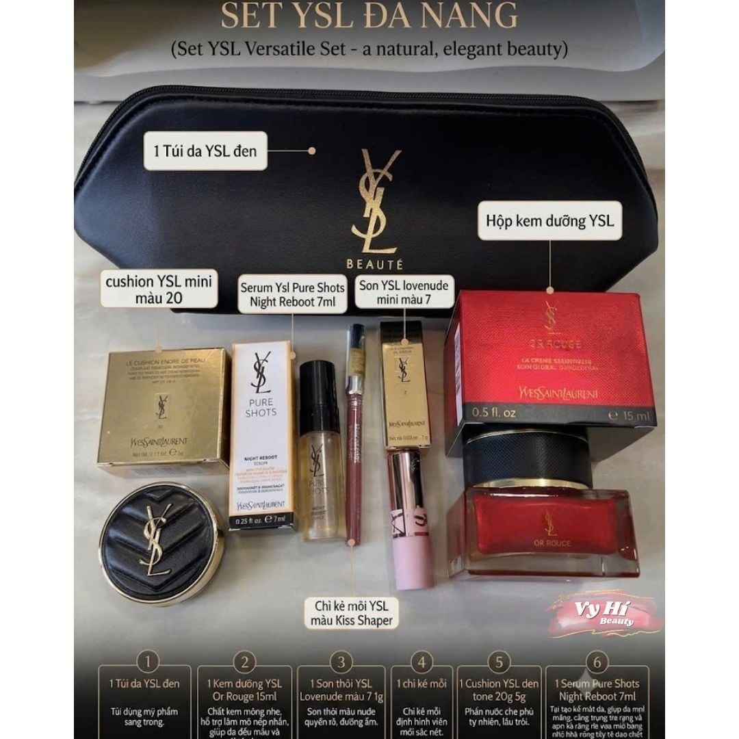 Set YSL 7 món gồm: 1 Túi da YSL đen + 1 Kem dưỡng YSL Or Rouge 15ml + 1 Son thỏi YSL Lovenude màu 7 1g + 1 chì kẻ môi + 1 Cushion YSL đen tone 20g 5g + 1 Serum Pure Shots Night Reboot 7ml + 1 túi giấy YSL đen logo trắng