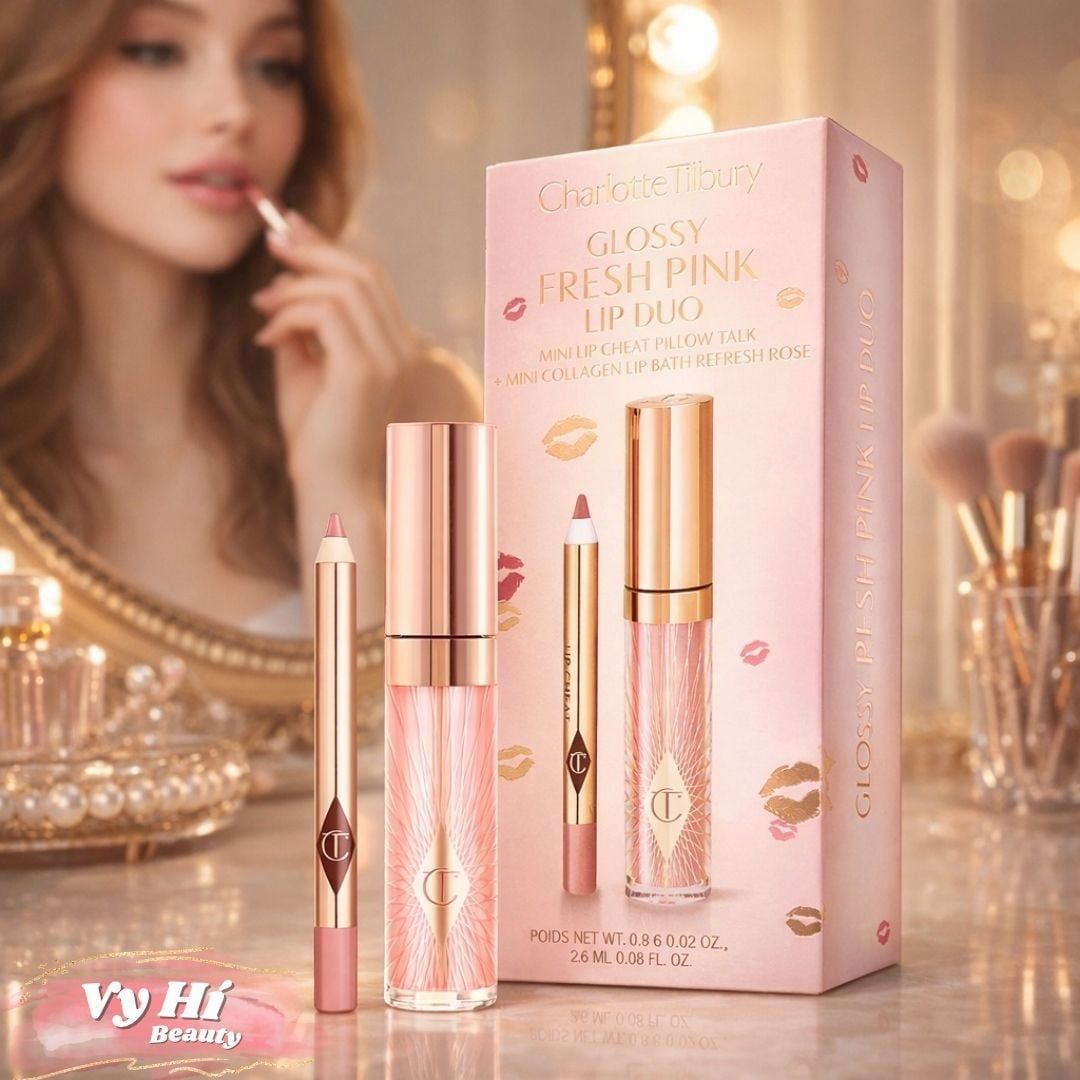 Set son Charlotte Tilbury Glossy Fresh Pink Lip Duo gồm son bóng MINI + chì kẻ môi MINI