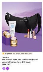 Set Lancome 7 món gồm 1 túi + 1 sữa rửa mặt 50ml + 1 mascara + 1 mascara base + 1 son thỏi mini màu 274 + 1 kem dưỡng 15ml + 1 kem mắt 5ml