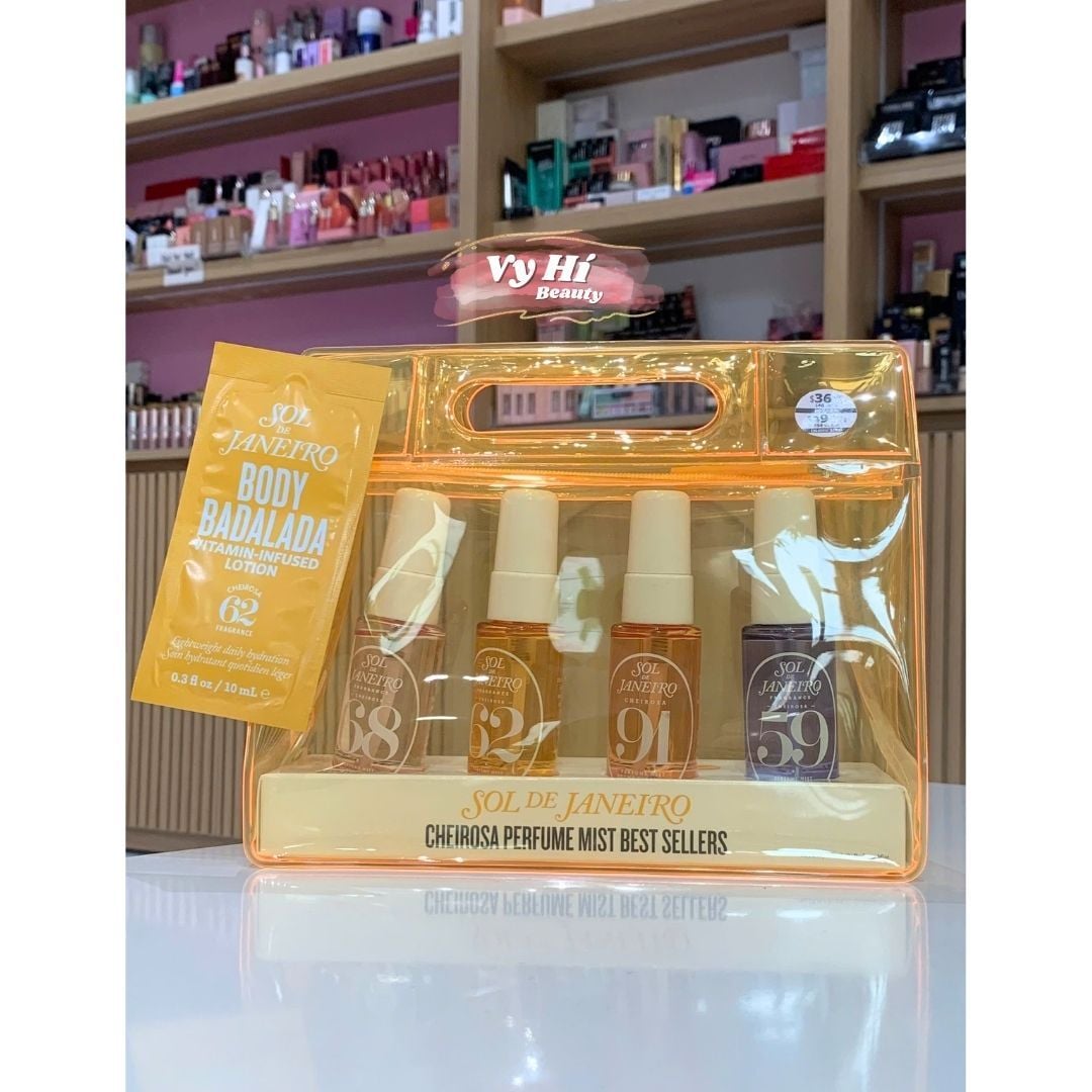 Set body mist SOL De Janeiro 4 chai x 30ml + Sample dưỡng thể mùi 62 10ml + Túi nhựa vàng trong suốt