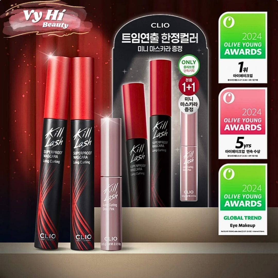 Set mascara Clio Kill Lash Superproof 2 cây full size màu 01 + 1 mascara mini màu DEEP PINK