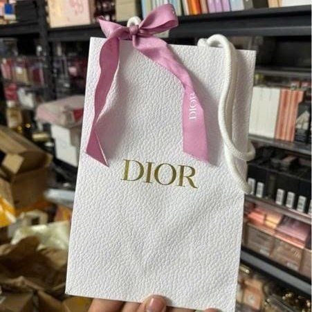 Túi giấy Dior trắng logo DIOR vàng nơ vải hồng