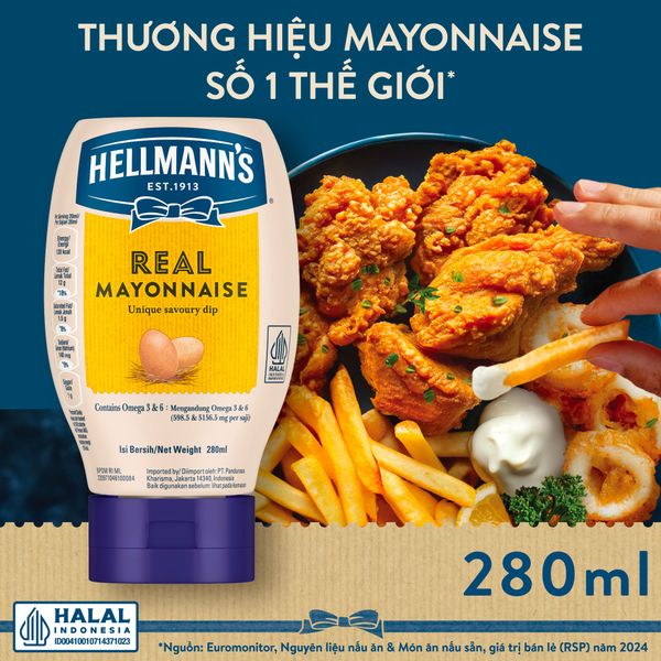 Xốt Mayonnaise Vị Nguyên Bản Hellmann’s 280ml - Thương Hiệu Mỹ, SX Thái Lan | Hellmann’s Real Mayonnaise 280ml