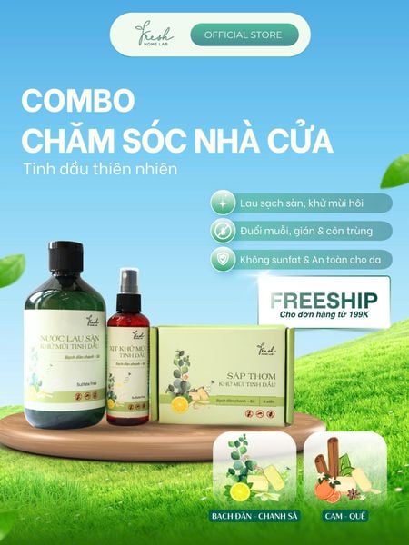  Combo Chăm sóc nhà cửa - Đuổi côn trùng đón tết (Nước lau sàn, Sáp thơm và Bình xịt khử mùi tinh dầu.) 