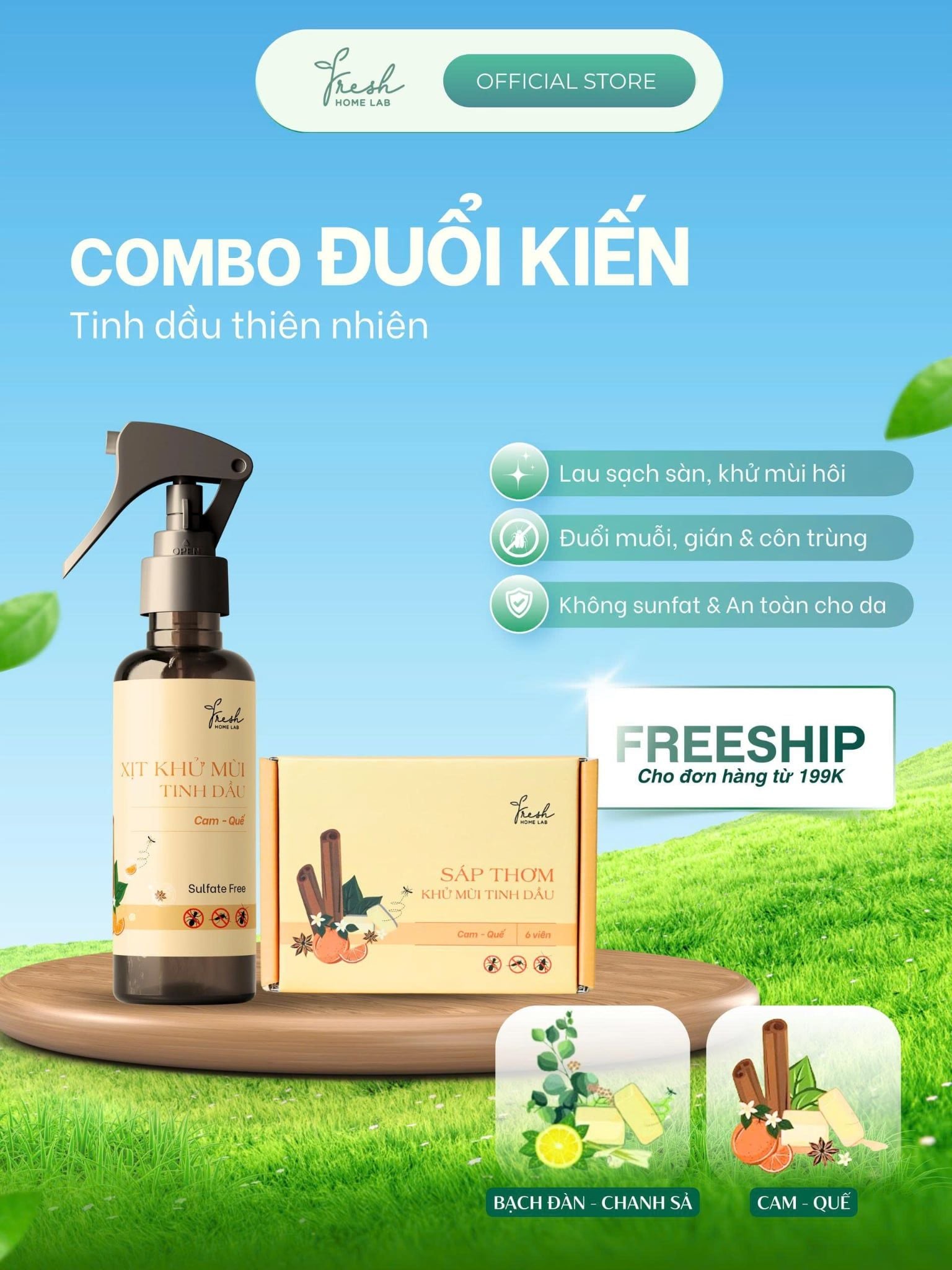  Combo Đuổi kiến hiệu quả - Sáp đuổi côn trùng, bình xịt tinh dầu khử mùi, thơm phòng 