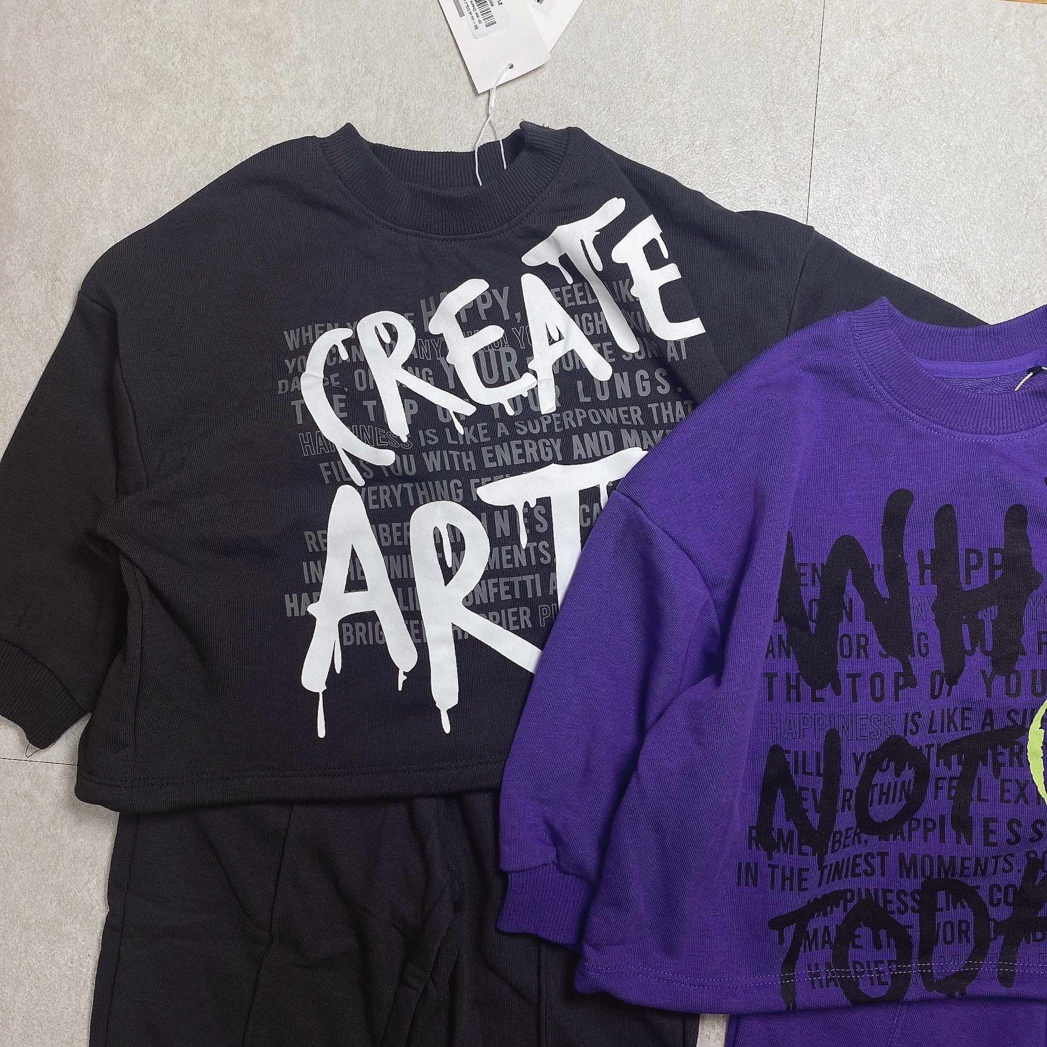 Bộ nỉ da cá GGJJ màu ghi đen Create / tím Why size 24m - 8y