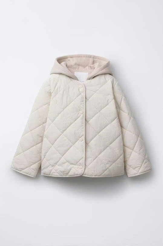 Áo khoác phao ZR chần trám phối mũ nỉ màu kem cho bé gái size 6-14y