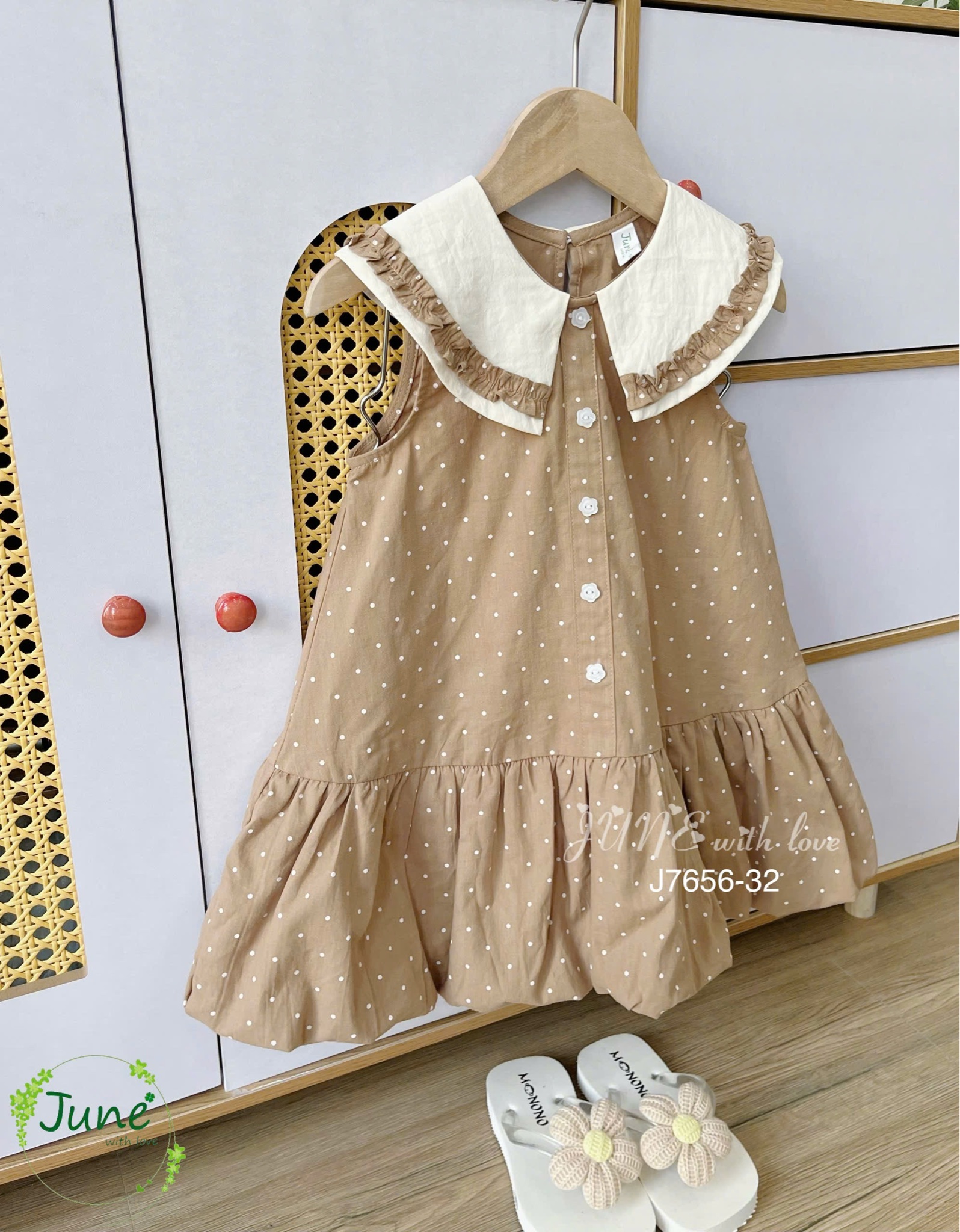 J7656 - Váy sát nách June with Love màu nâu chấm bi phối cổ kem size 2-12y