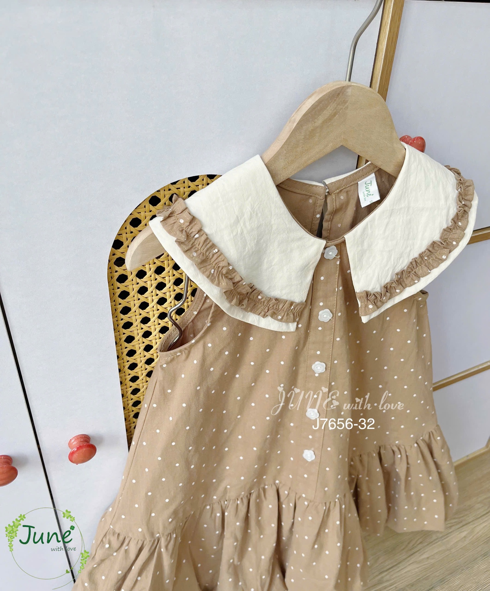 J7656 - Váy sát nách June with Love màu nâu chấm bi phối cổ kem size 2-12y