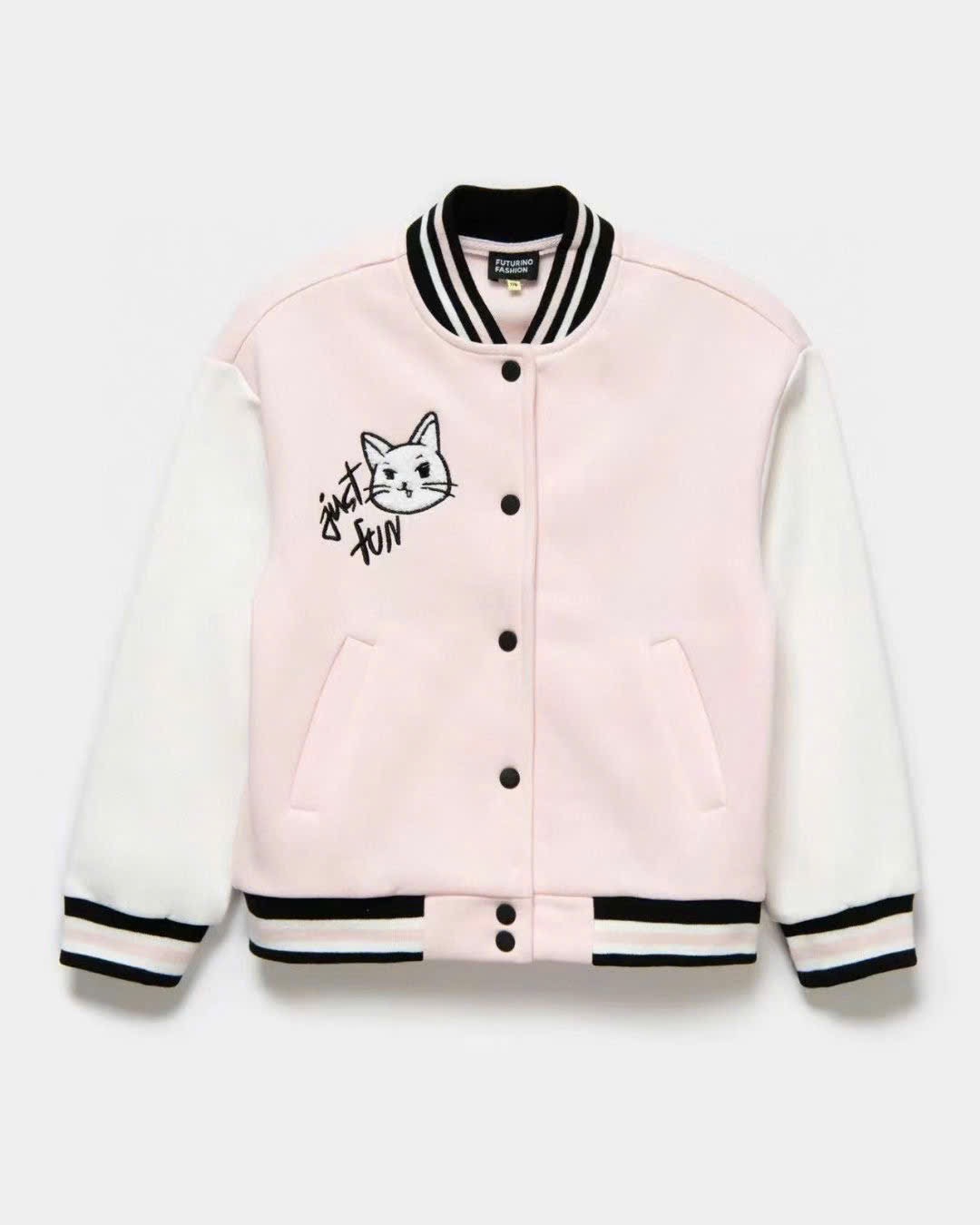 Áo khoác bomber nỉ bông Futurino màu hồng hình mèo bé gái size 104-164