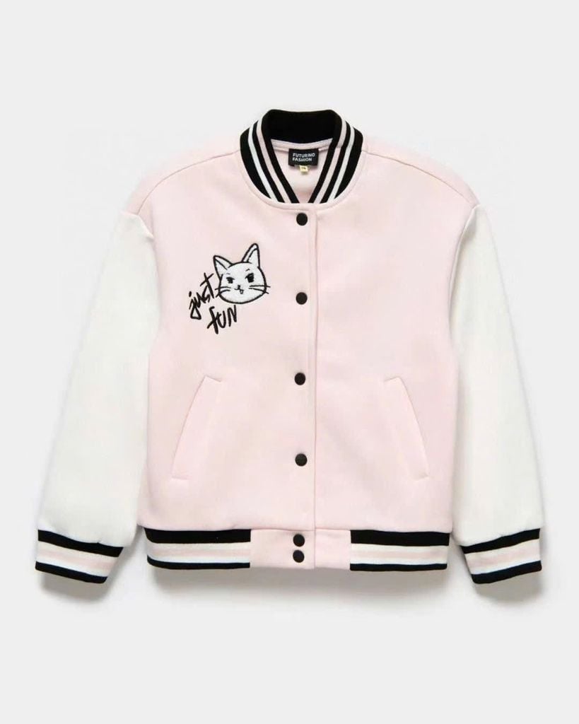 Áo khoác bomber nỉ bông Futurino màu hồng hình mèo bé gái size 104-164