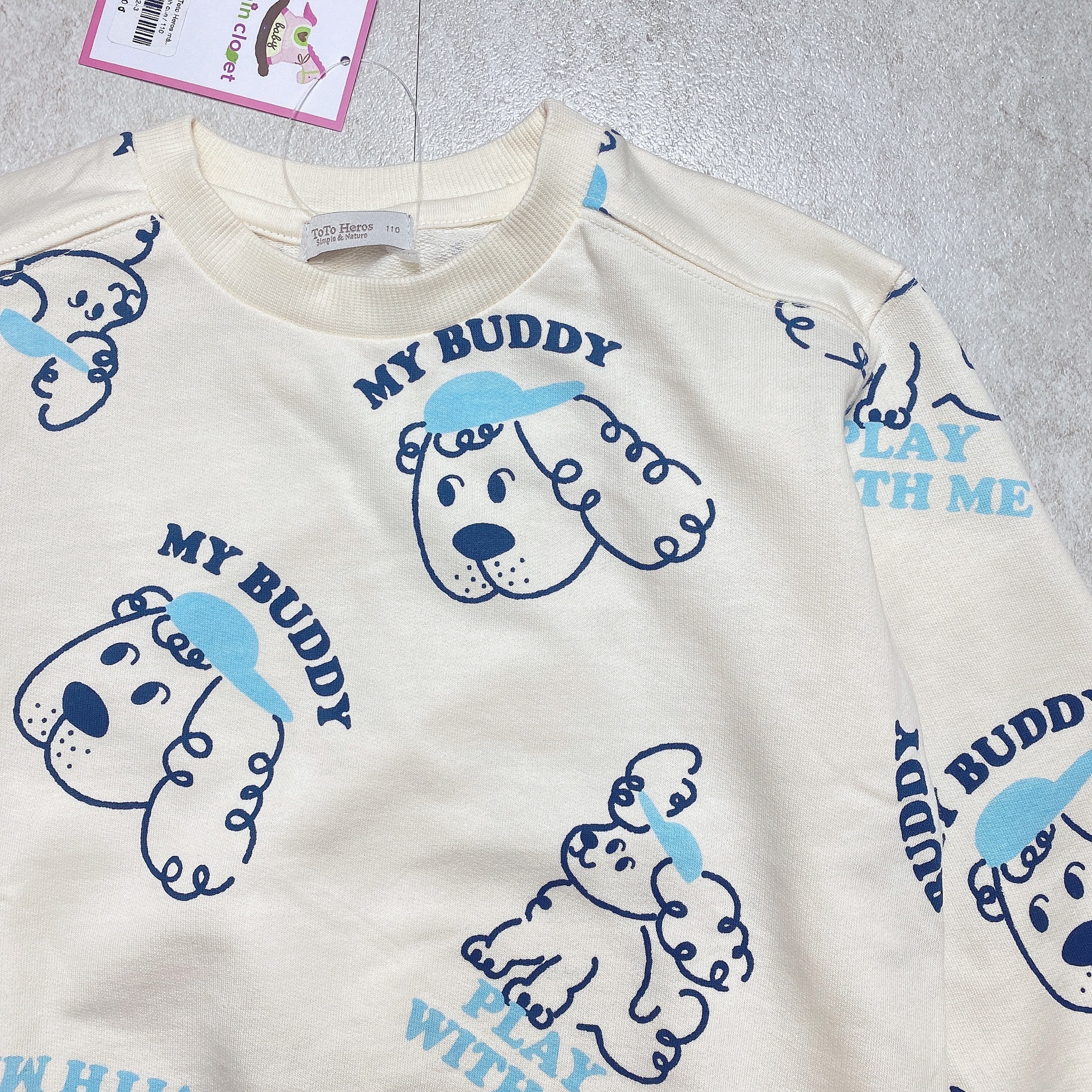 Áo nỉ da cá Toto Heros màu trắng hình cún My Buddy cho bé size 110- 140