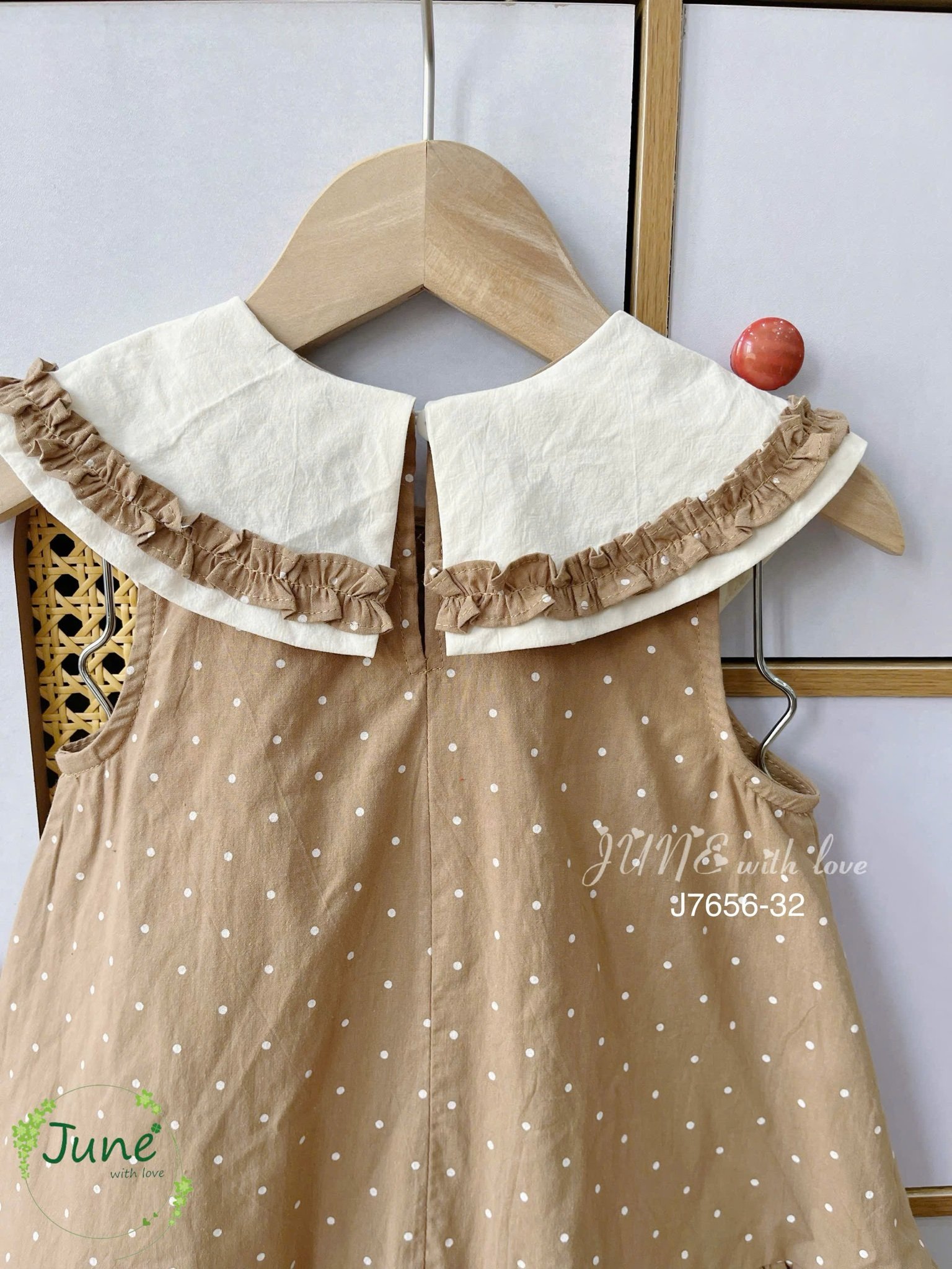 J7656 - Váy sát nách June with Love màu nâu chấm bi phối cổ kem size 2-12y