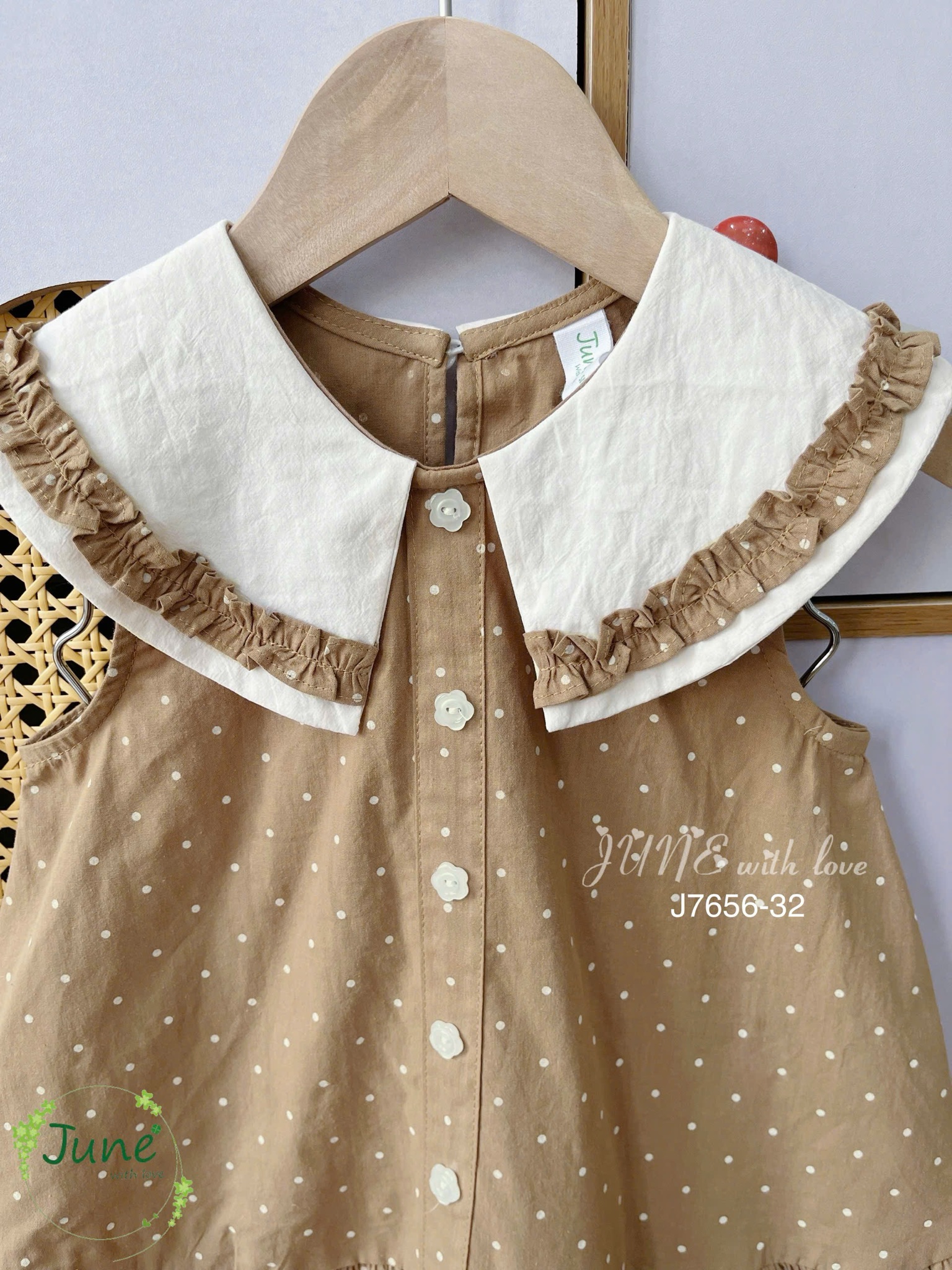 J7656 - Váy sát nách June with Love màu nâu chấm bi phối cổ kem size 2-12y