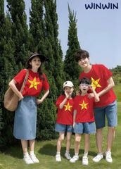 Áo cotton Win Win màu đỏ sao vàng cho gia đình size 3-14y và SML
