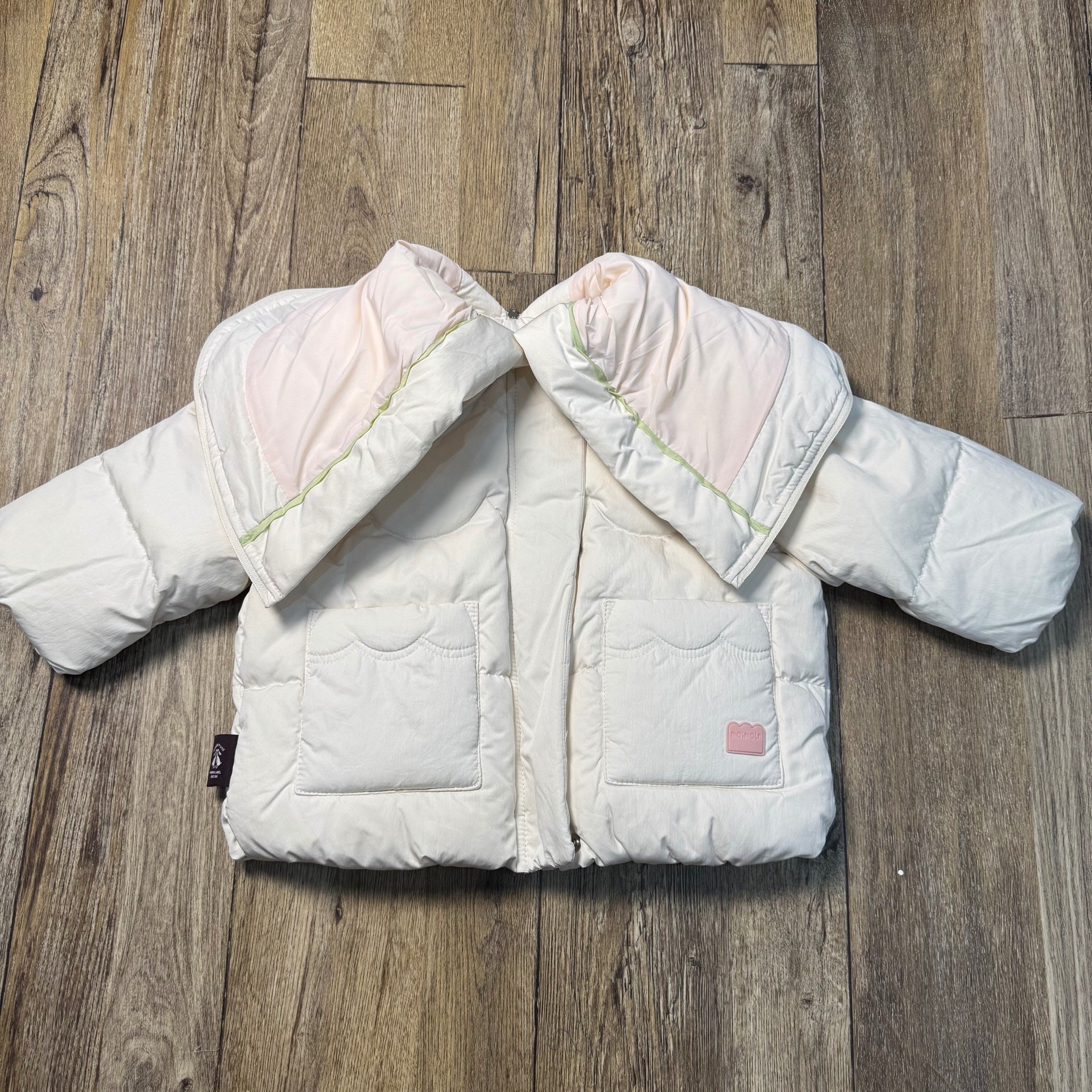 Áo khoác lông vũ Moimoln màu trắng kem mũ khoá cho bé size 90-120