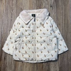 Áo khoác lông vũ Moimoln màu be cổ bẻ in lâu đài cho bé size 100