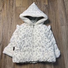 Áo khoác lông vũ Moimoln màu trắng in lá xanh viền lông bé gái size 90-110